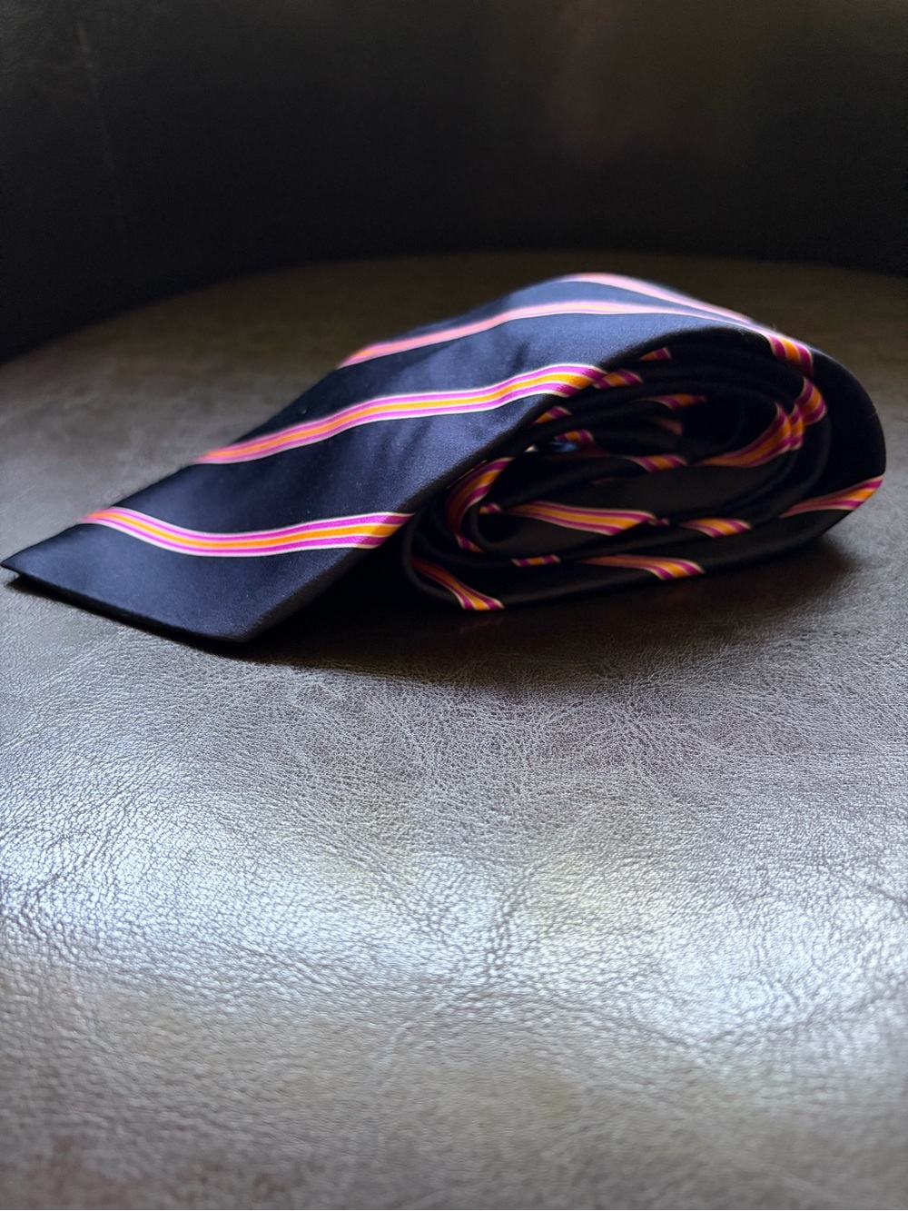 Dolcepunta Navy Stripe Silk Tie with Pink and Yellow Accent - Picture 3 of 3